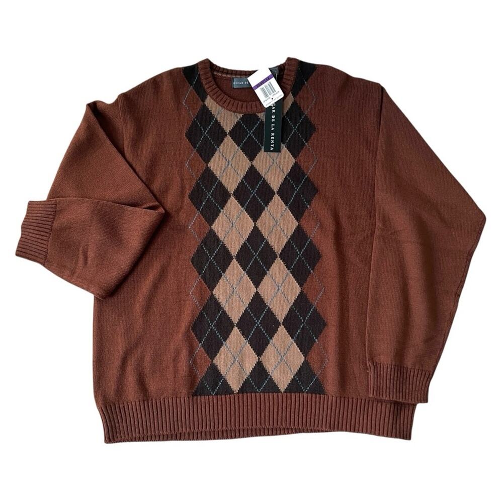 NEW Oscar de la Renta Rust Brown Argyle Sweater XXL Vintage Deadstock